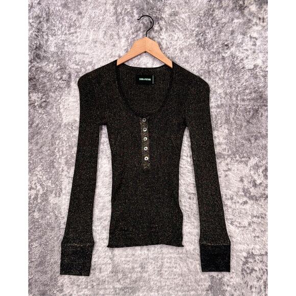 Zadig & Voltaire Top Small Womens Mila Lurex Metallic Ribbed Henley Long Sleeve - Picture 1 of 8